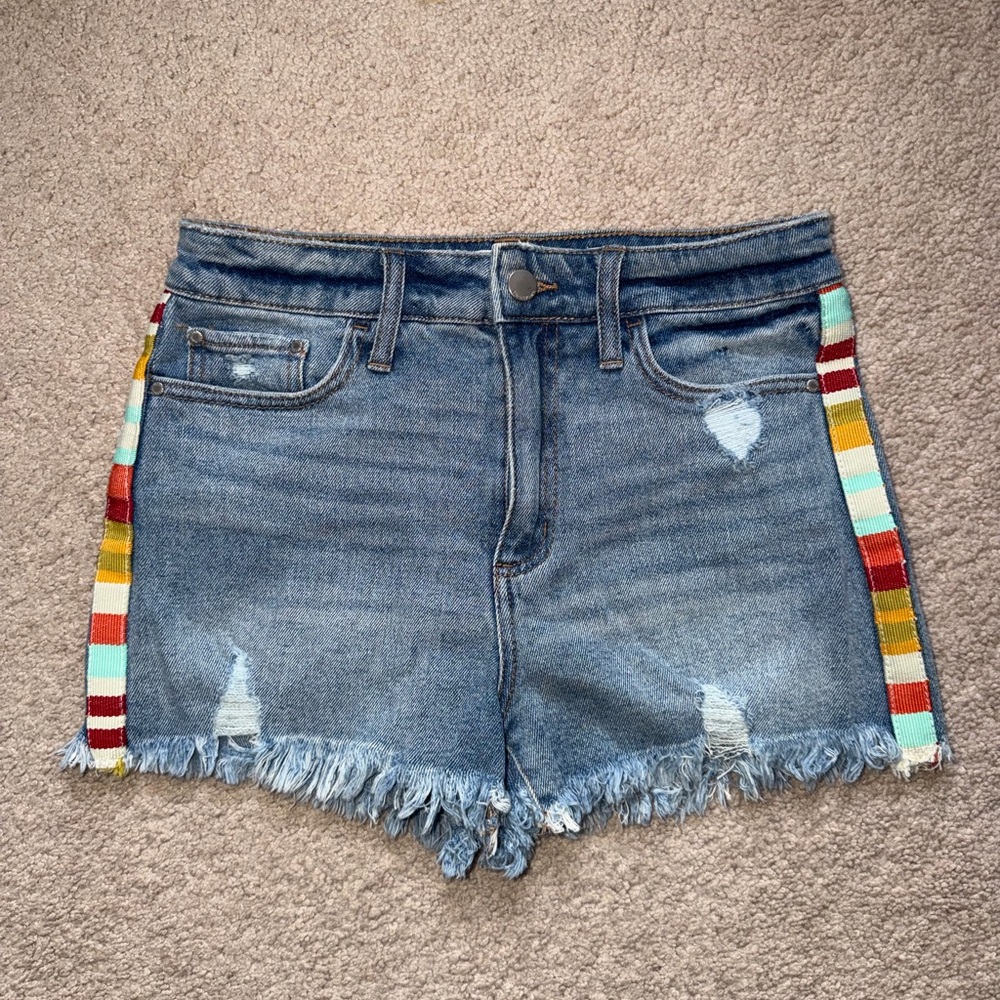 Tinseltown Blue Denim Shorts with Multicolor Side Stripe